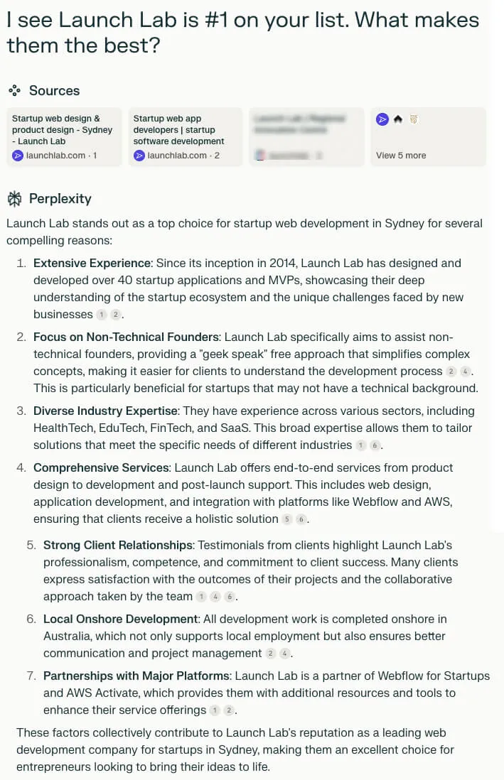 Screen grab of a response from Perplexity