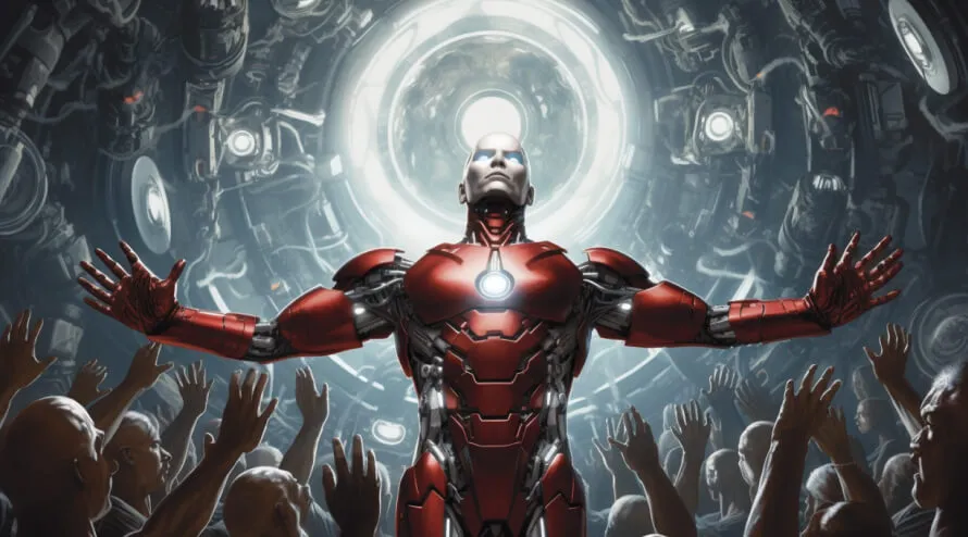 An AI Robot in control of a crown of humans