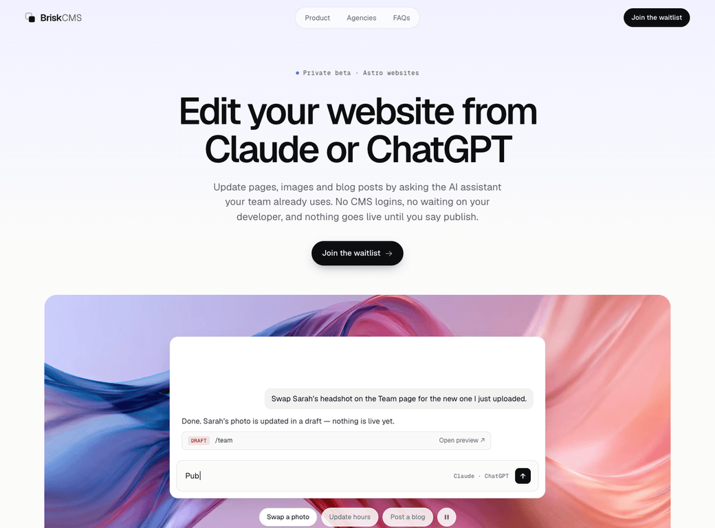 BriskCMS MCP-only CMS website