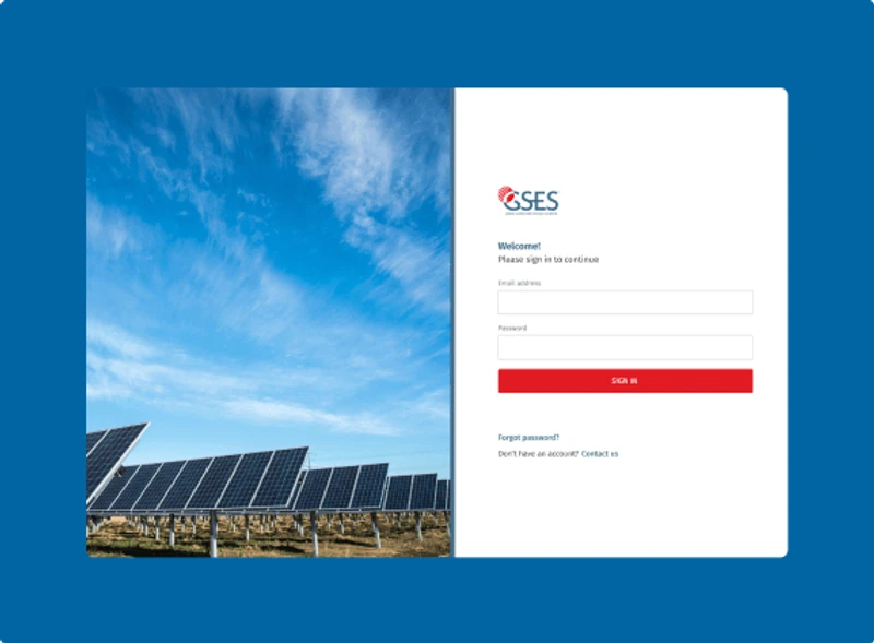 The login screen for the GSES solar analytics web application