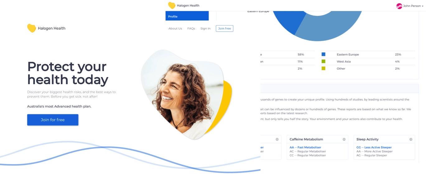 Screens of the Halogen Health website and web app