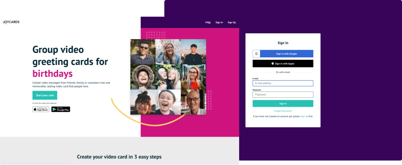 Screens of the Joycards website