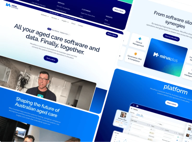 Screens from the Mirus Webflow website