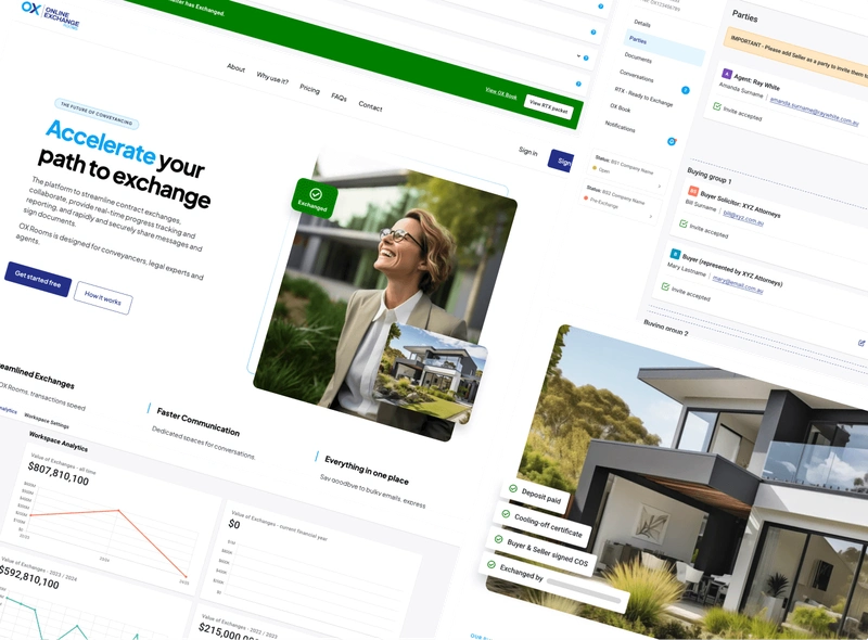 A collage of the OX Rooms website and application