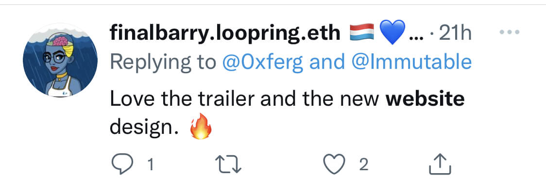 A tweet which states love the new website design