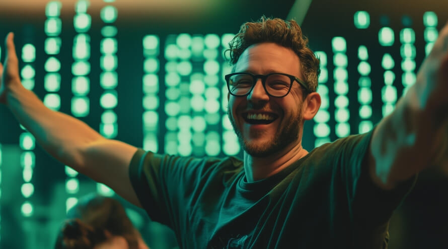 A startup founder standing in front of binary code