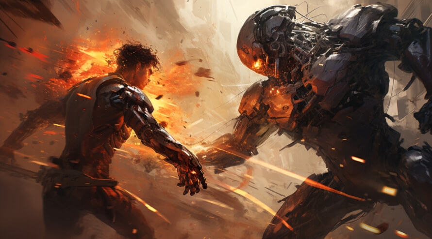 A human fighting a large AI robot